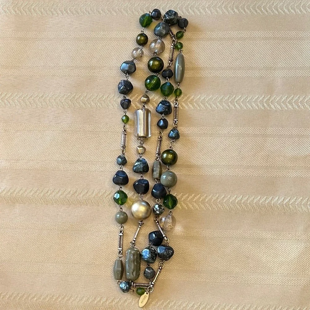 Express Vintage Italy Handmade Long Beaded‎ Necklace 90's Green Gold Earth Tones